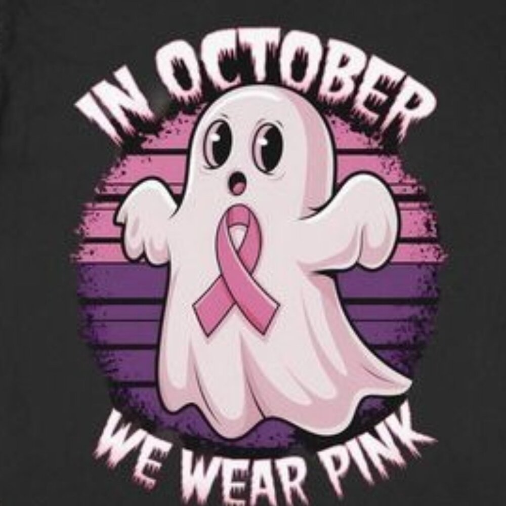 In October We Wear Pink Ghost T-Shirt, Breast Cancer Awareness Pink Ribbon Tee - Picture 2 of 3